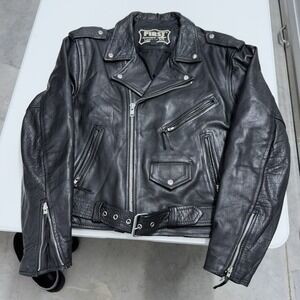 First Genuine Leather Motorcycle Jacket Black Biker Asymmetrical Zip Belted Mens